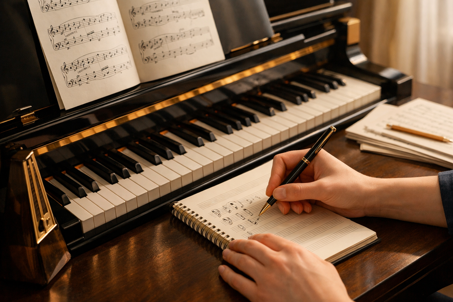 Piano keyboard and sheet music